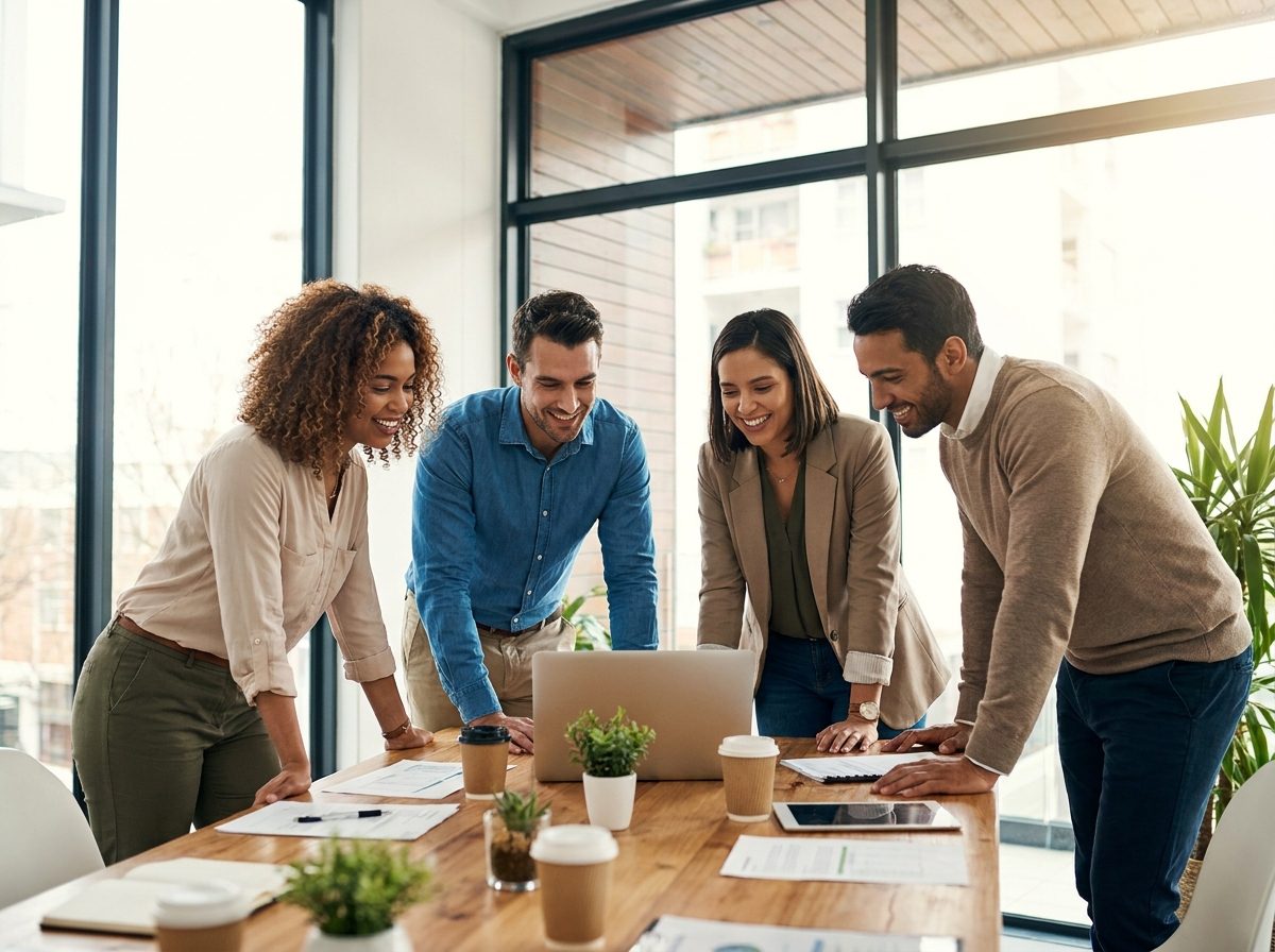 Team collaborating during a business content shoot